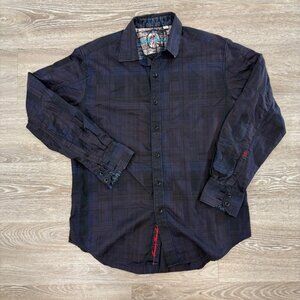 Robert Graham Embroidered Flip Cuff Button Front Plaid Print Shirt sz M